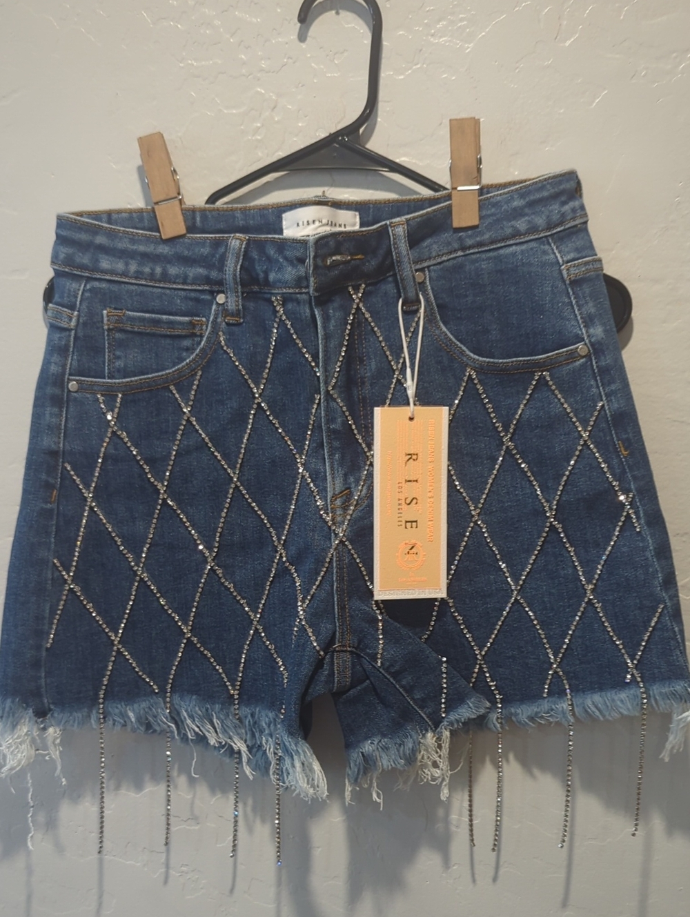 NWT Risen Denim Blue Embellished Denim Shorts with Fringe Droplet Hem